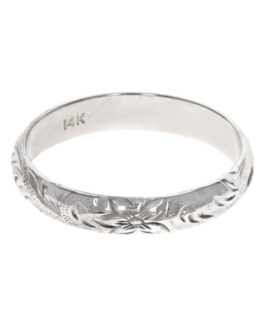 Etched Floral Motif Band in White Gold